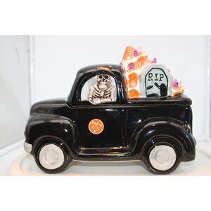 Halloween Cookie Jar - Black Truck With Lighted Tree and Skeleton Driver by Mr.